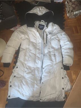 Reebok Women's White Long Quilted Puffer Coat with Hood